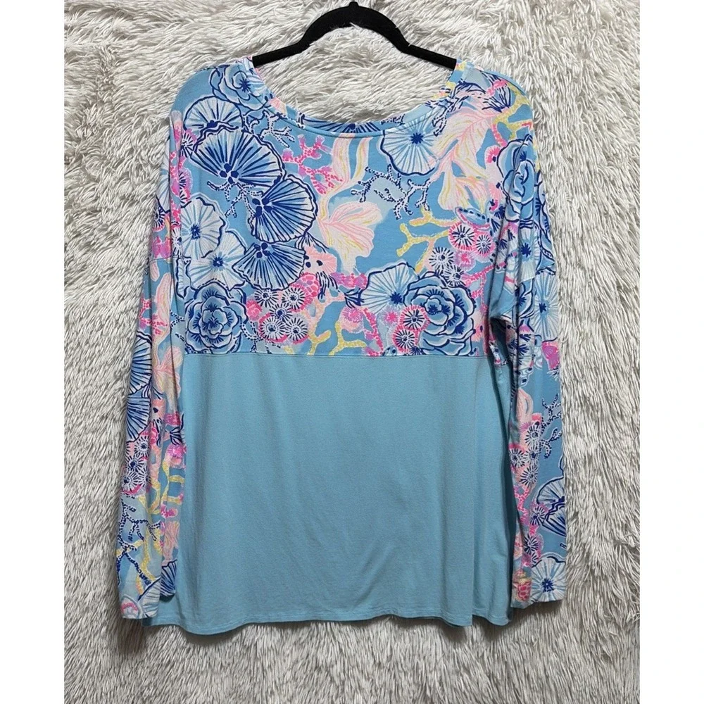 Lilly Pulitzer Finn Top Women's XL Blue Floral Boat Neck Long Sleeve Pima Cotton - Picture 3 of 7